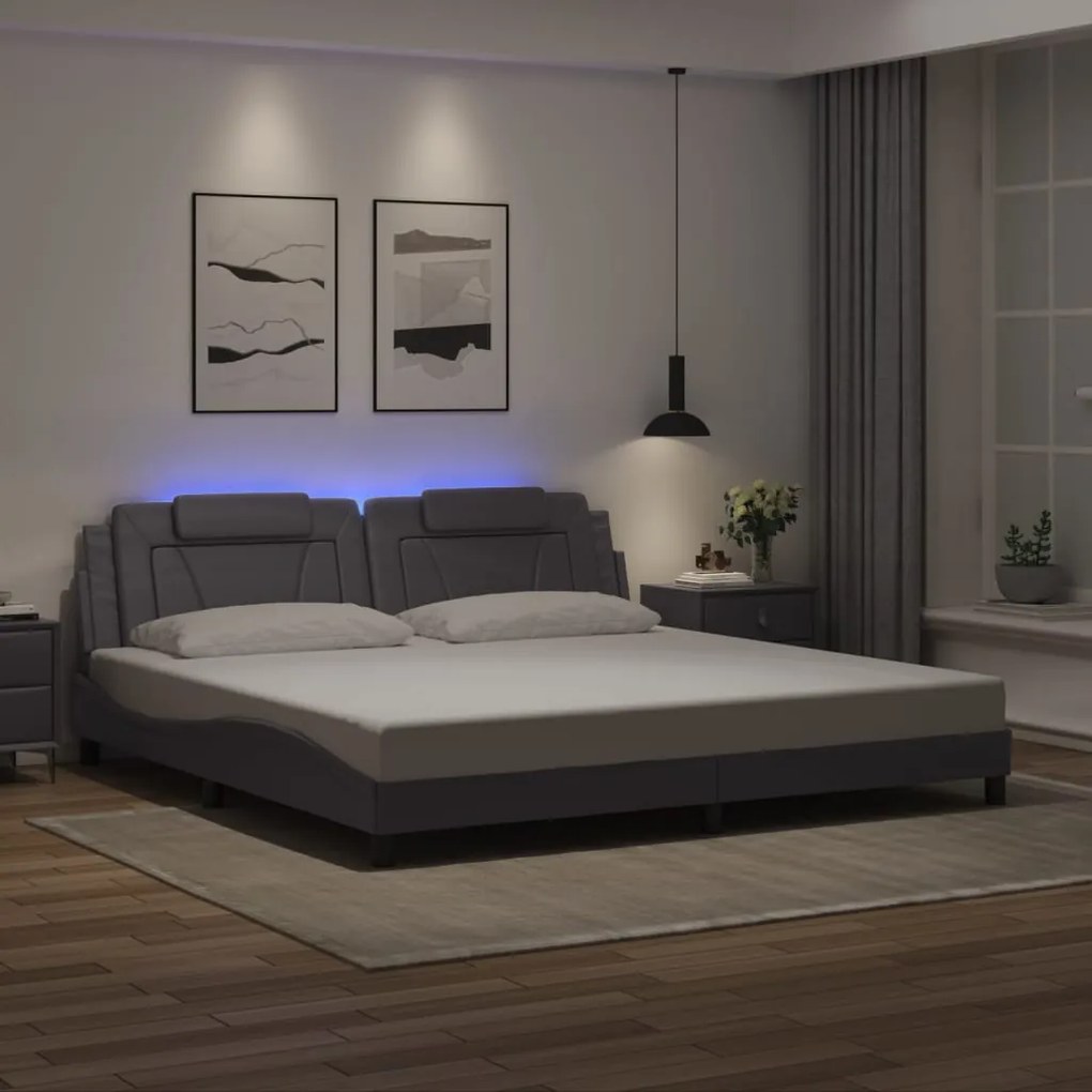 vidaXL Estrutura cama c/ luzes LED 200x200cm couro artificial cinzento
