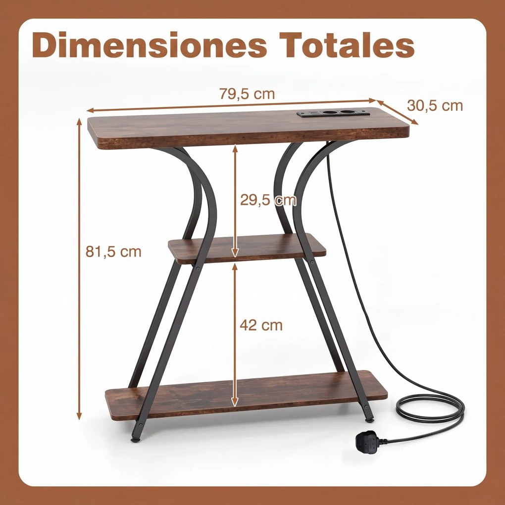 Mesa consola com luzes LED e estação de carregamento 79,5 x 30,5 x 81,5 cm, 3 níveis, estantes abertas, kit anti-tombamento, estrutura metálica, para