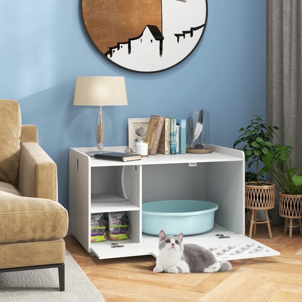 Banco para caixas de areia para gatos com almofada amovível 90 x 48,5 x 52 cm Branco