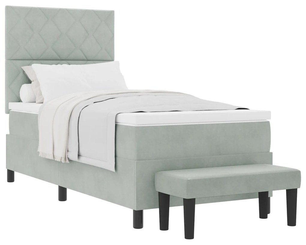 Cama Box Spring com Colchão e Banco Cinza Claro 90x200 cm Veludo