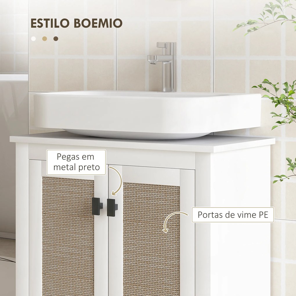 HMóvel para Lavatório (NÃO INCLUIDO) Pousar com 2 Portas de Vime PE 2 Prateleiras e Sistema Anti-Tombo para Casa de Banho 60x30x30 cm Branco