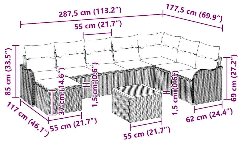 Conjunto de Sofá de Jardim de 9 Peças com Almofadas em Rattan Preto e