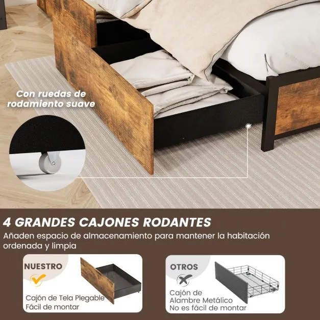 Estrutura de cama de casal 200 x 160 Cabeceira com luz LED RGB 4 gavetas de arrumação Ligação USB Castanho rústico + preto