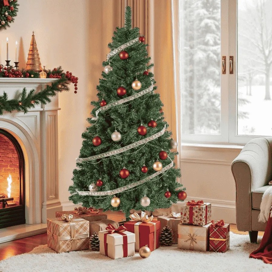 Árvore de Natal artificial 150 cm de altura (BOLAS VERMELHAS INCLUIDAS) com suporte metálico Verde