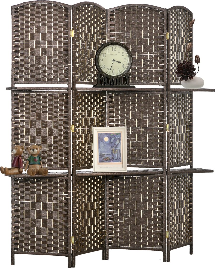 Biombo Separador de Ambientes 4 Painéis 160x170 cm com 2 Prateleiras Dobrável de Fibra de Papel Castanho