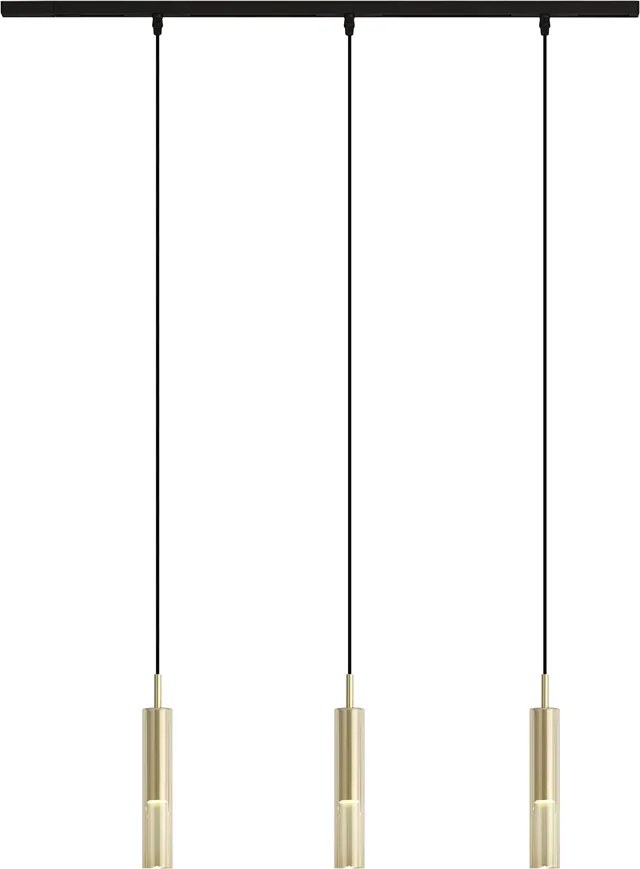 Sistema de calhas moderno preto com 3 candeeiros suspensos dourados com vidro âmbar monofásico - Slimline Loyce