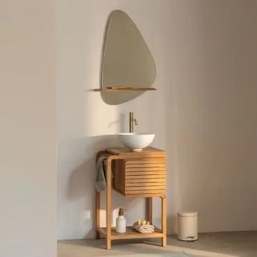 Conjunto De Móvel De Casa De Banho Em Madeira De Teca Bradley Dourado Escovado ↑30 Cm Com Válvula De Drenagem Sem Extravasor Orveta & Cerâmica Branca