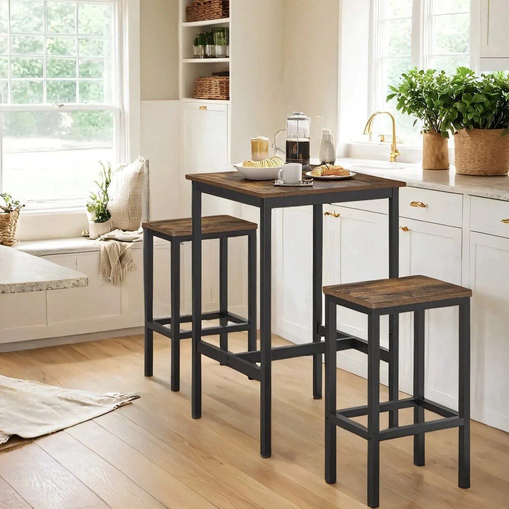 Conjunto Mesa de jantar alta com 2 cadeiras, mesa de bar com banco de bar castanho Vintage-preto