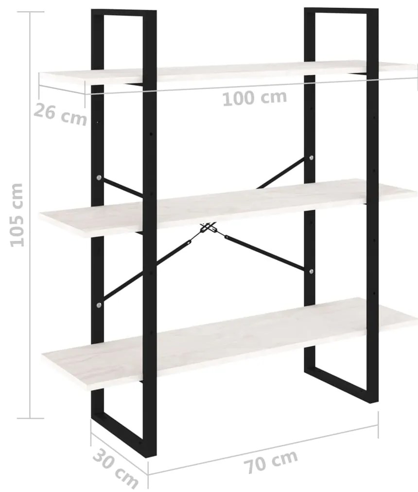 Estante com 3 prateleiras 100x30x105 cm pinho maciço branco
