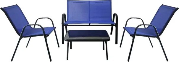 Conjunto de jardim exterior de 4 peças Mesa de café em vidro temperado Banco e 2 cadeiras individuais Tecido Textilene Mesa e cadeiras azuis