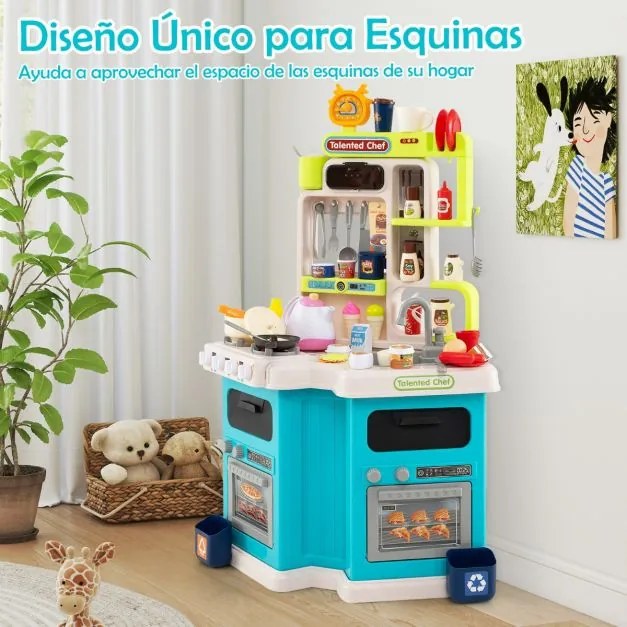Cozinha de brincar para crianças de canto com luzes e sons realistas Fogão com vapor Pia de brinquedo e 113 acessórios Azul