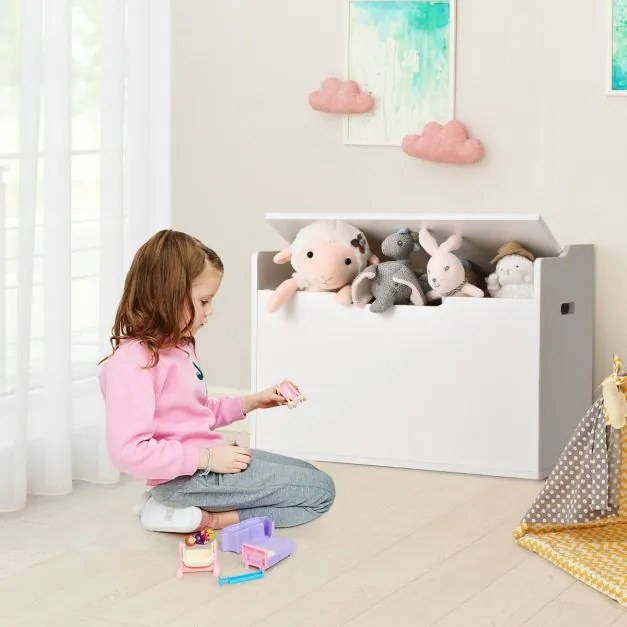 Arca de brinquedos com tampa Tampa elevável Caixa de brinquedos com banco Utilização dupla como banco grande de madeira Branco