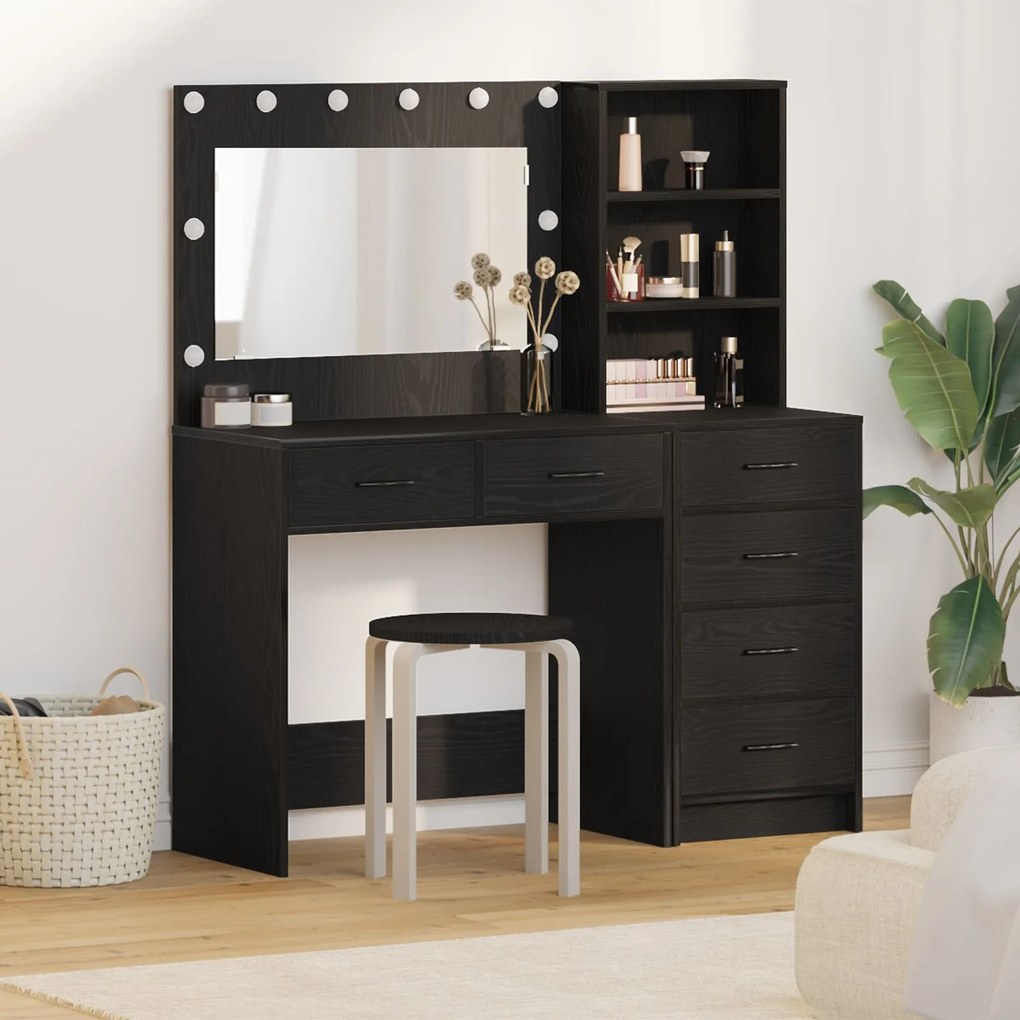 Conjunto de Mesa de Maquiagem 2 Peças com LED Preto em Madeira Estrutu