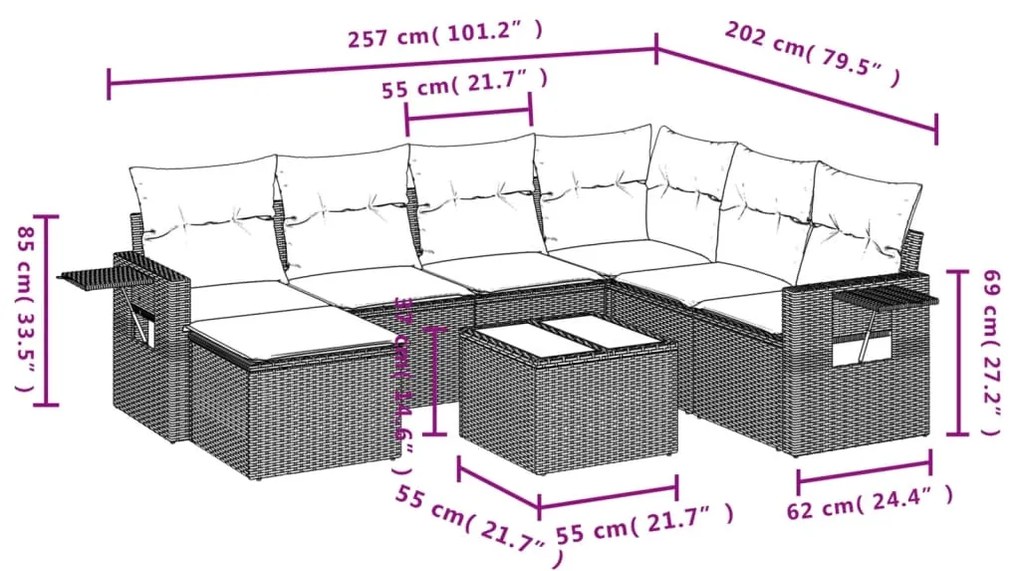 8 pcs conjunto sofás de jardim c/ almofadões vime PE castanho