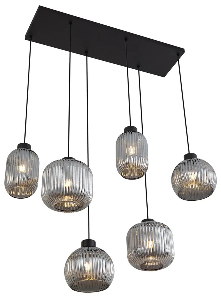 Candeeiro suspenso de design preto com vidro fumado 6 luzes - Ana Design