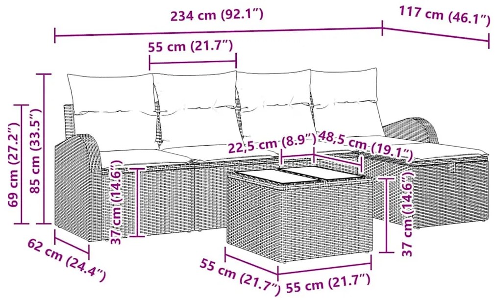 Conjunto de Sofá de Jardim de 6 Peças com Almofadas Preto Rattan de Po