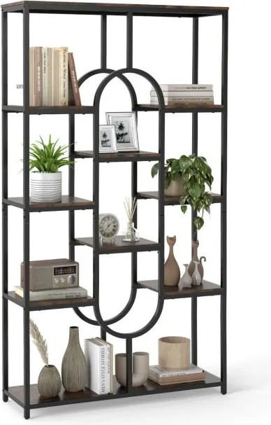 Estante de 5 níveis 95 x 30 x 175 cm com Prateleiras Abertas com Forma Ovalada Castanho rústico e preto