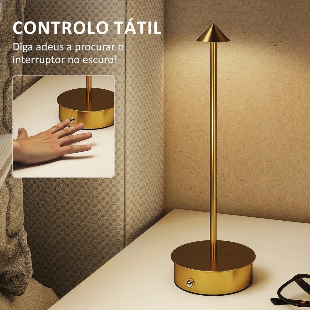 Conjunto de 2 Candeeiros de Mesa Recarregáveis por USB Reguláveis com Controlo Táctil 3000K/4500K/6500K Ø10x30 cm Dourado