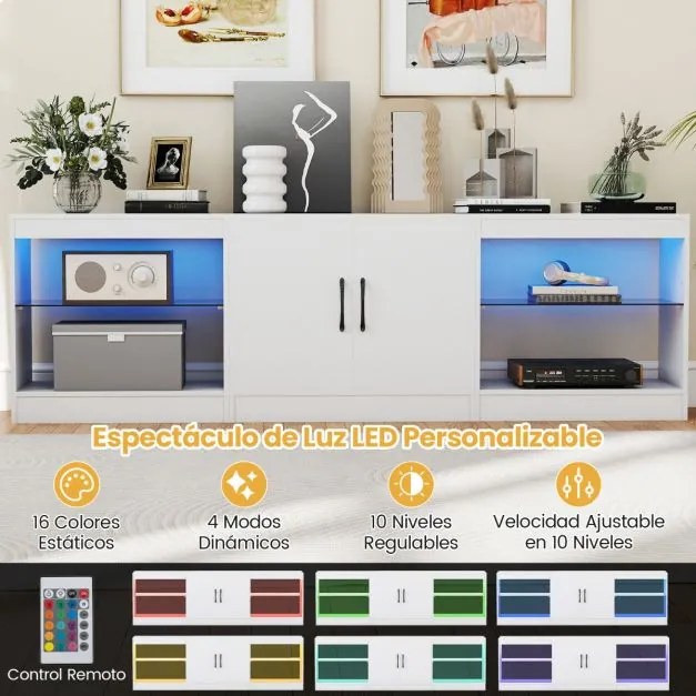 Móvel para TV até 85" com 195 x 30 x 55 cm de 3 em 1 com luzes LED e prateleiras de vidro ajustáveis branco