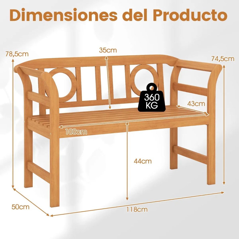 Banco jardim Exterior em Madeira de Acácia 118 x 50 x 78,5 cm para 2 Pessoas com Encosto e Apoios de Braços Circulares Capacidade 360 kg para Varanda,