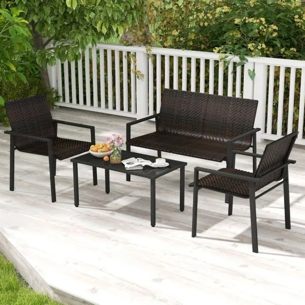 Conjunto de móveis jardim de 4 peças com estrutura metálica galvanizada robusta em vime Castanho