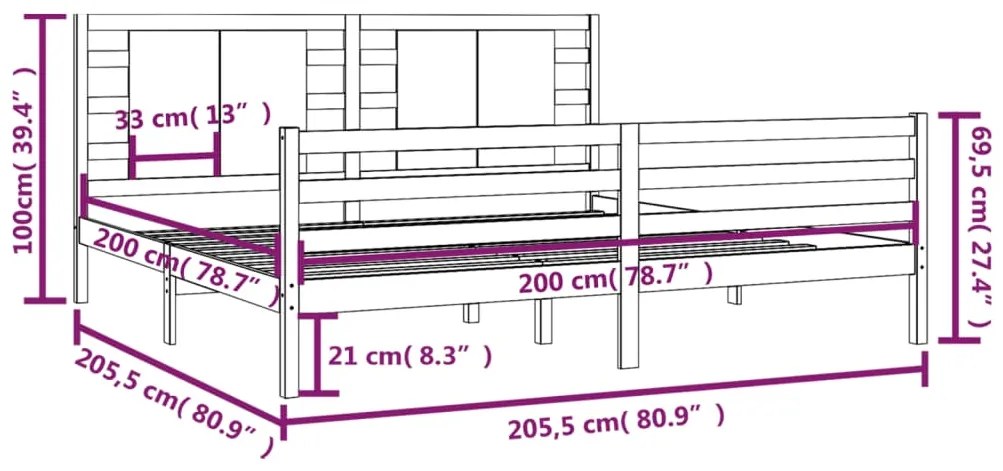 Estrutura de cama 200x200 cm pinho maciço preto