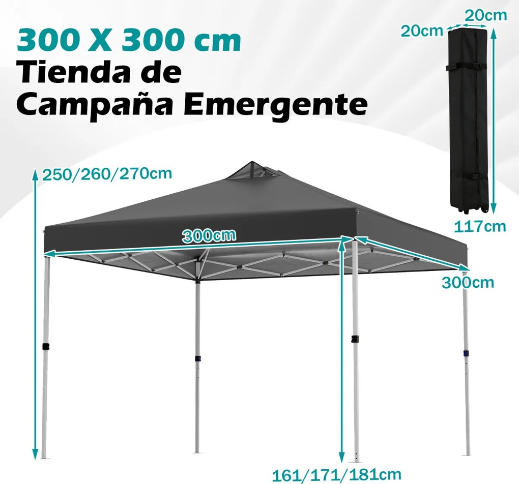 Tenda dobrável 3x3 m com 4 x Sacos de areia de montagem instantânea com 1 botão campismo, feiras, eventos e Saco com rodas Preta
