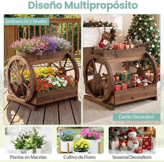 Floreira de plantio rústica em madeira 61,5 x 55 x 62 cm, canteiro elevado de 2 níveis com 3 compartimentos de cultivo e orifícios de drenagem Castanh