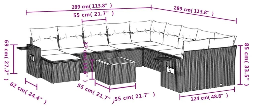 12 pcs conjunto de sofás p/ jardim com almofadões vime PE bege