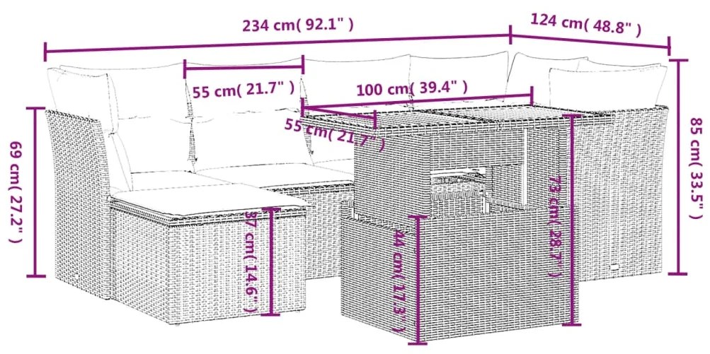 7 pcs conjunto sofás p/ jardim c/ almofadões vime PE cinzento