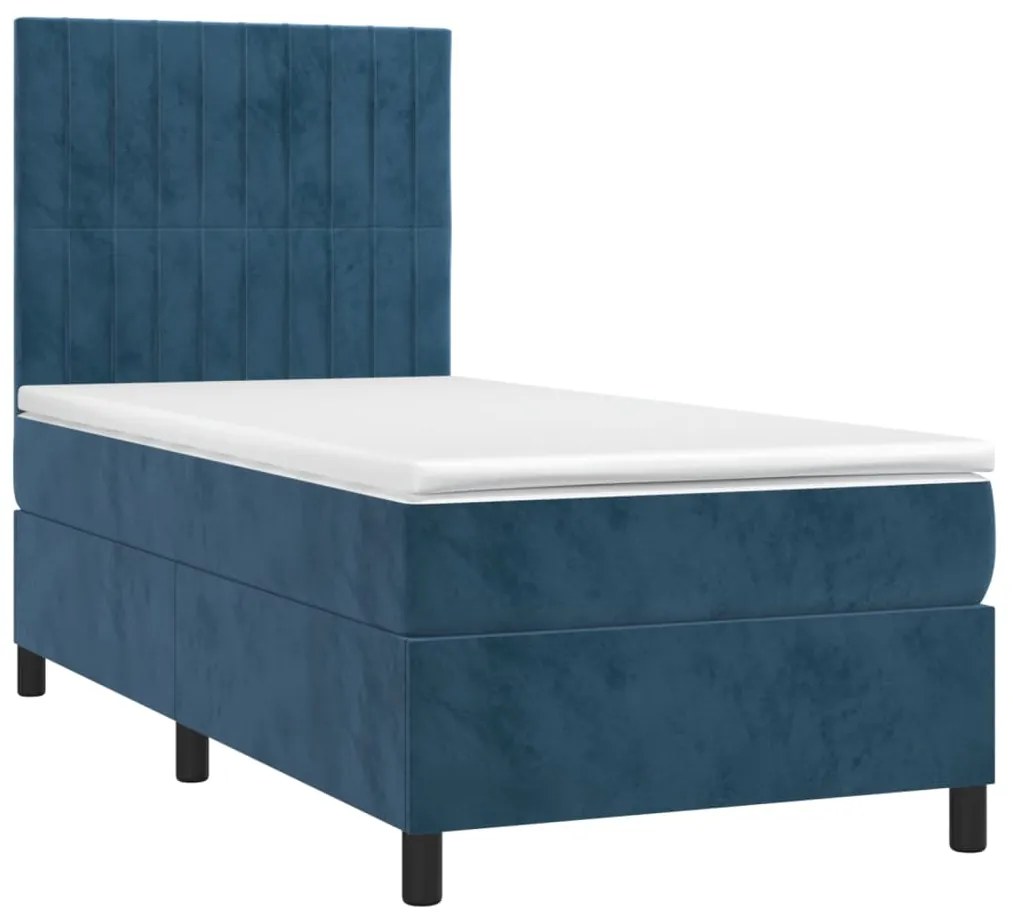 Cama box spring c/ colchão/LED 90x200 cm veludo azul-escuro