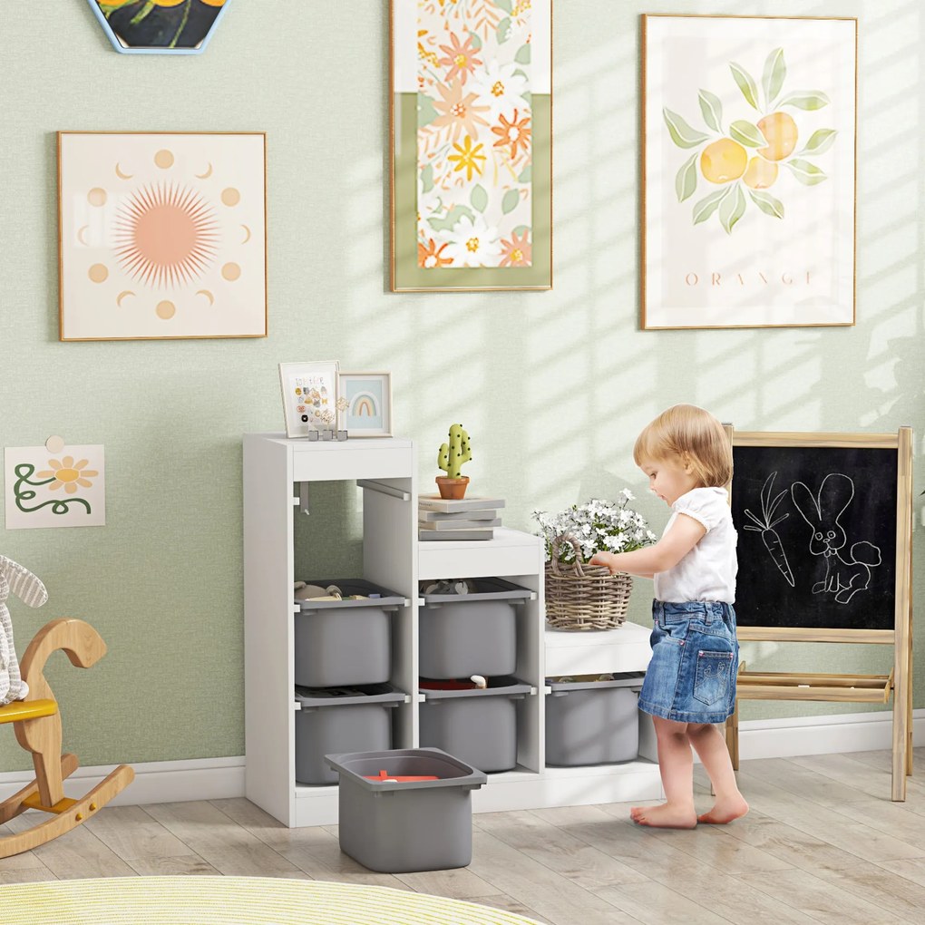 Móvel de arrumação para brinquedos infantis com 6 caixas removíveis, 3 níveis de arrumação, 96 x 38,5 x 90, branco, cinzento