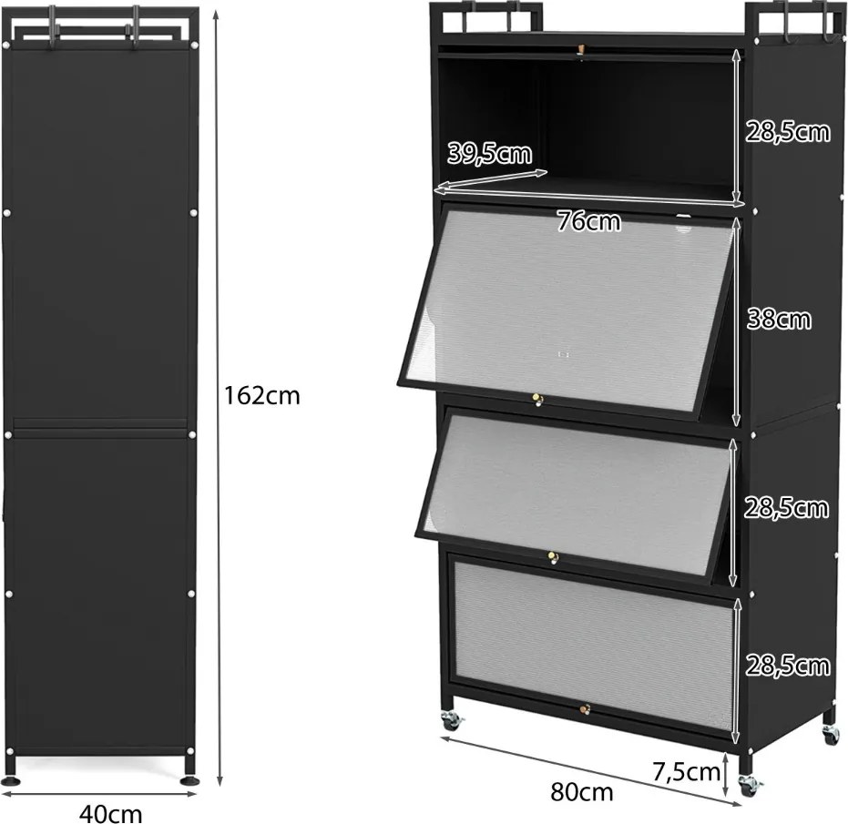 Armário de cozinha 80,5 x 40 x 162 cm de 5 níveis metálico com 4 portas batentes Prateleira com rodas para micro-ondas Preto