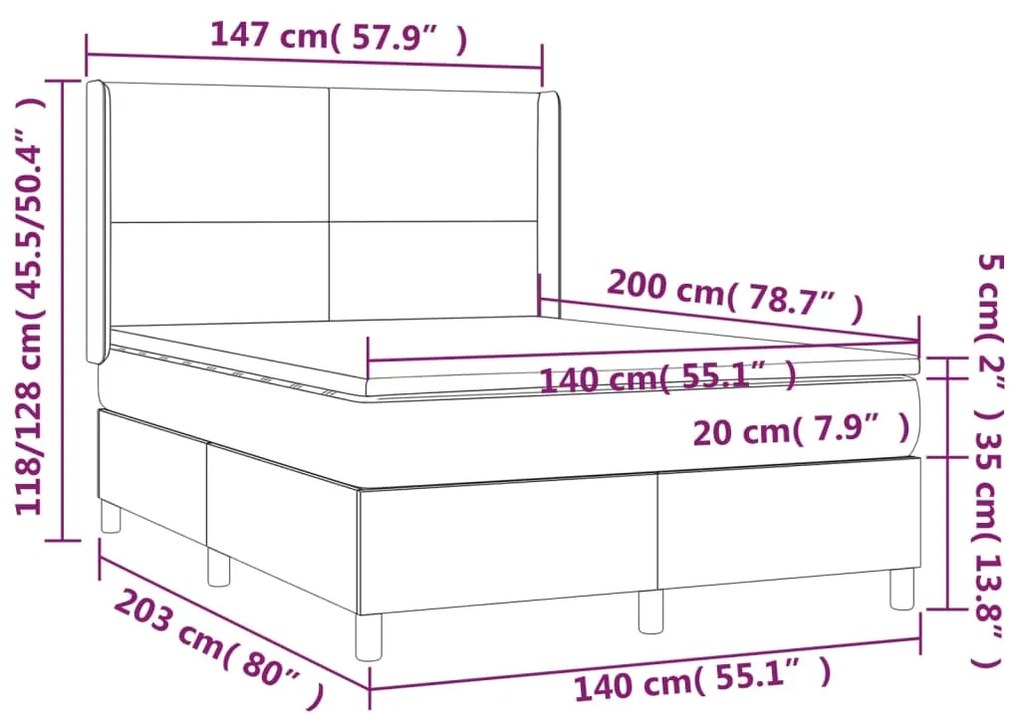 Cama box spring c/ colchão/LED 140x200cm tecido castanho-escuro
