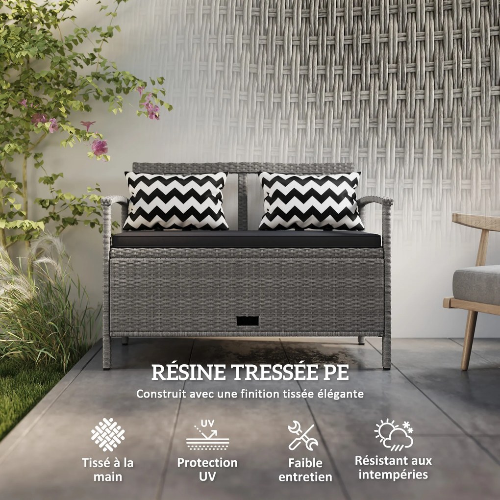 Banco de jardim 112 x 62 x 82 cm de 2 lugares com arrumação de 160 L em rattan PE, com almofada e 2 travesseiros, , cinzento