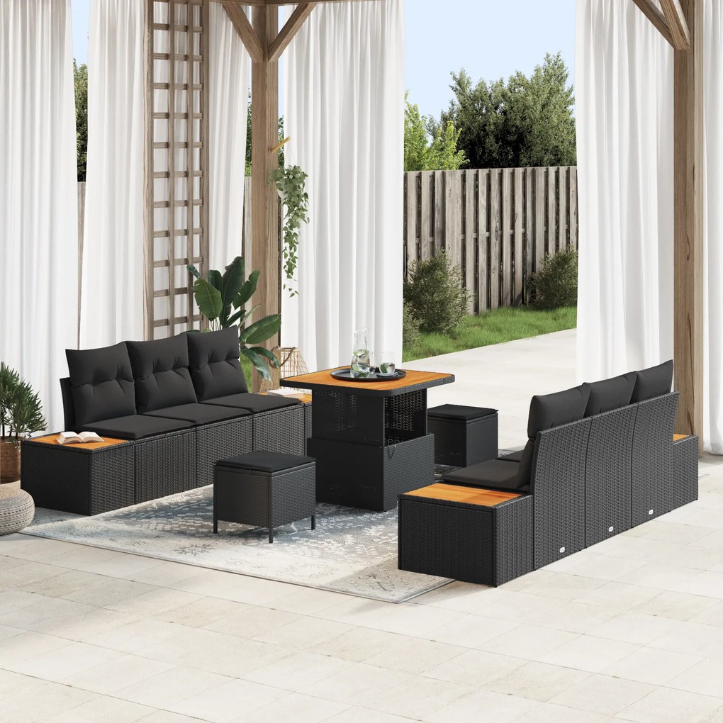 Conjunto de Sofá de Jardim de 9 Peças com Almofadas Preto Polirattan A