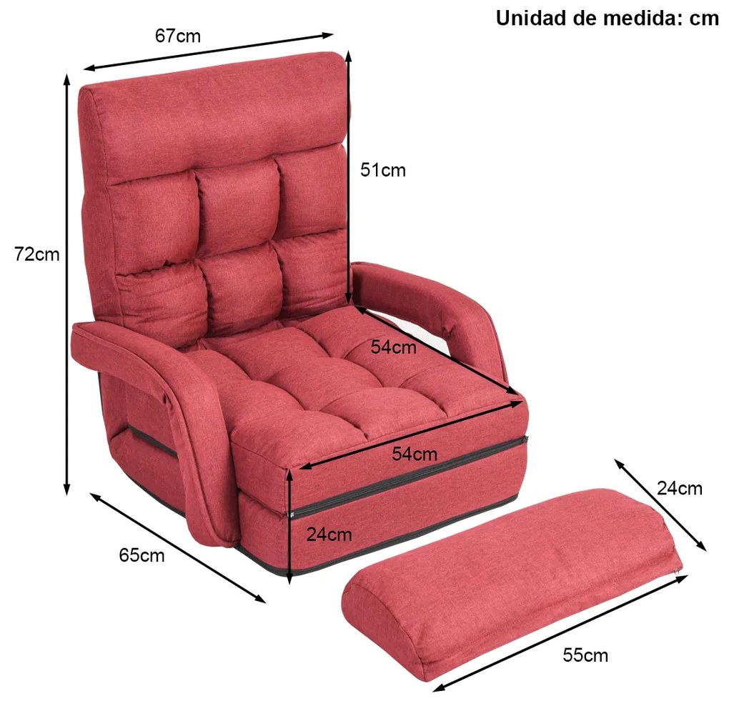 Sofá Cama de Chão individual dobrável com almofada multifuncional para quarto Sala de estar Varanda 67 x 65 x 72 cm Vermelho
