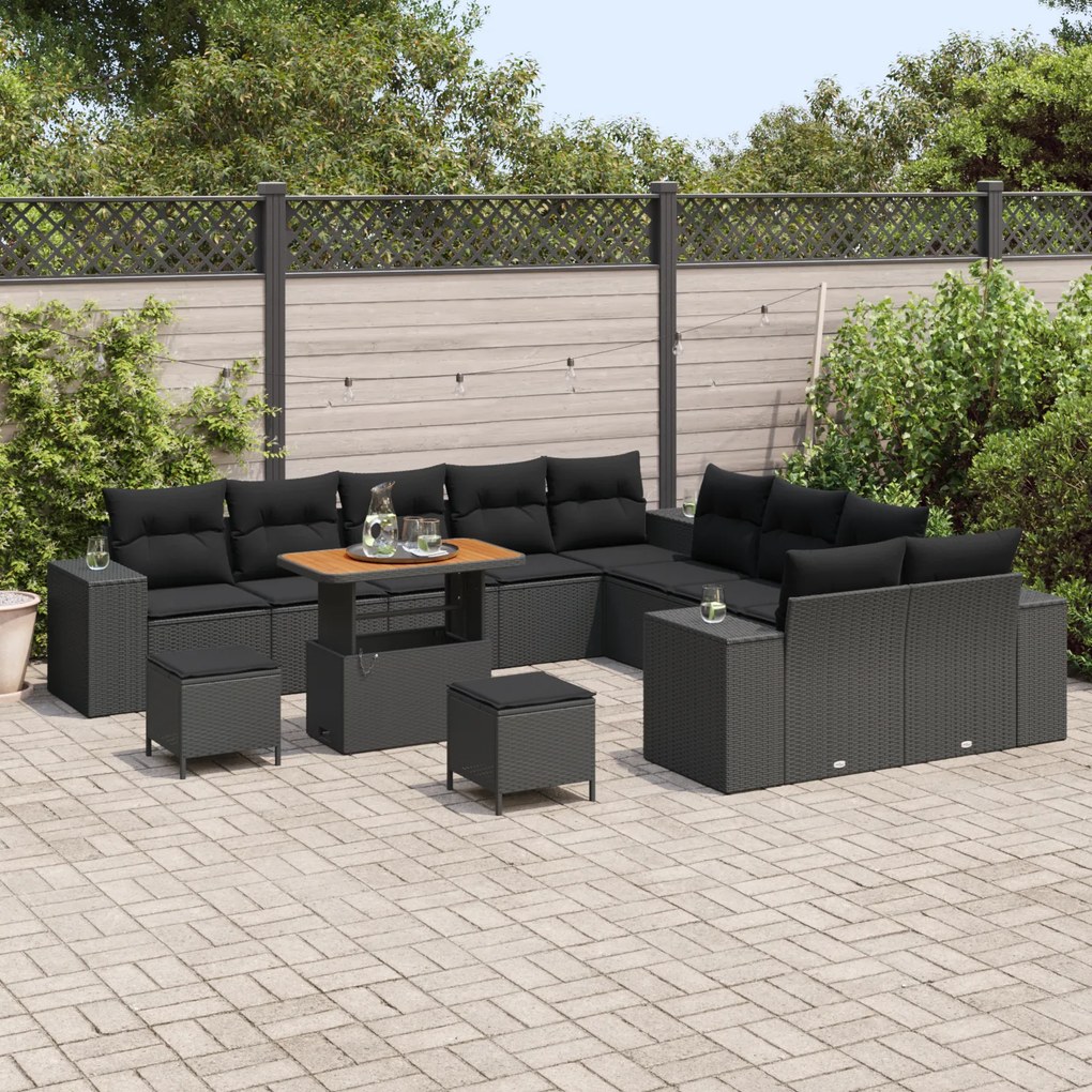 Conjunto de Sofá de Jardim de 13 Peças com Almofadas Preto Rattan de P