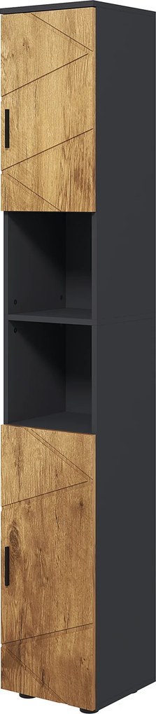 Armário de coluna para casa de banho com 2 portas 30 x 30 x 183 cm,, prateleira ajustável e 2 nichos, cor carvalho e cinzento escuro