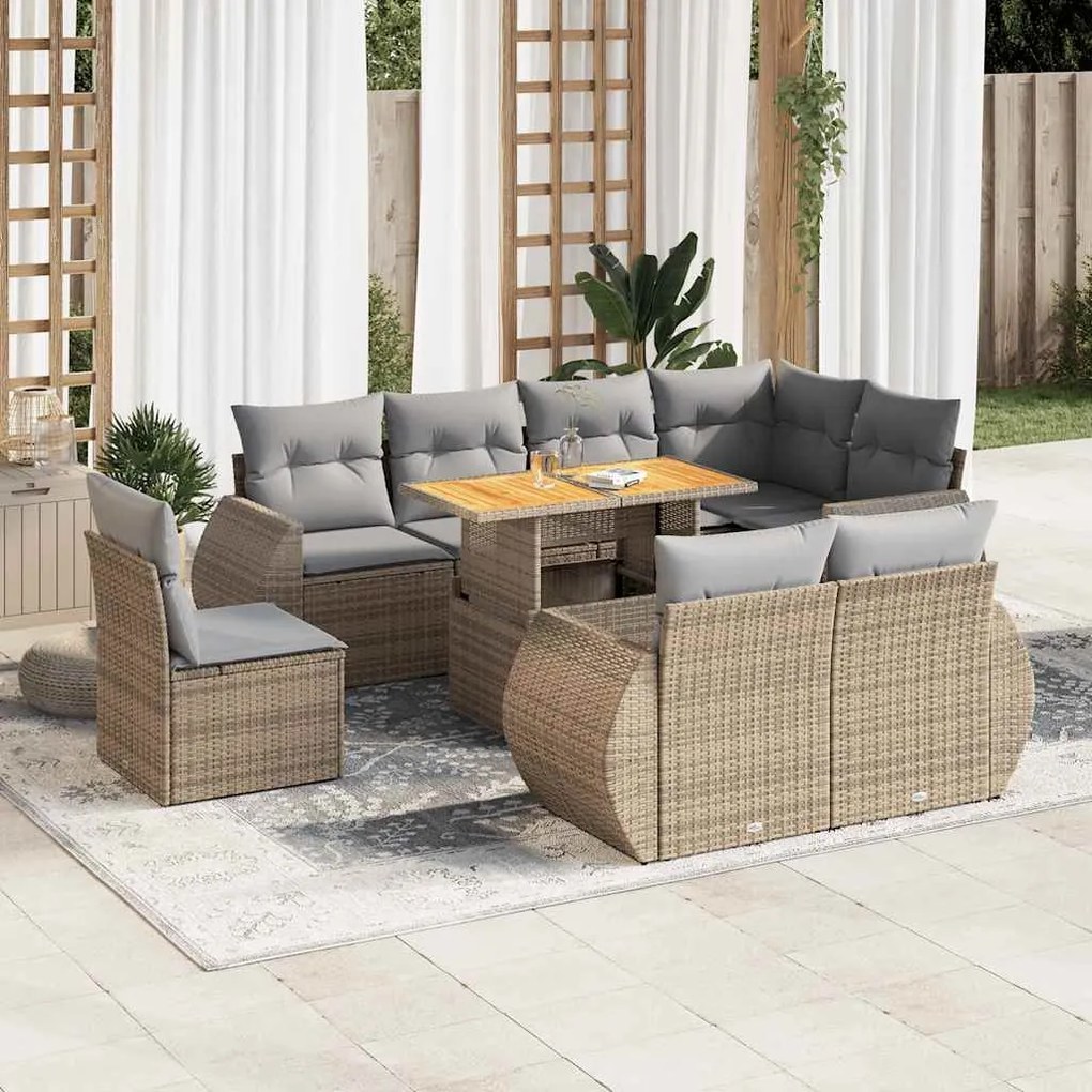 vidaXL 9 pcs conjunto de sofás p/ jardim com almofadões vime PE bege