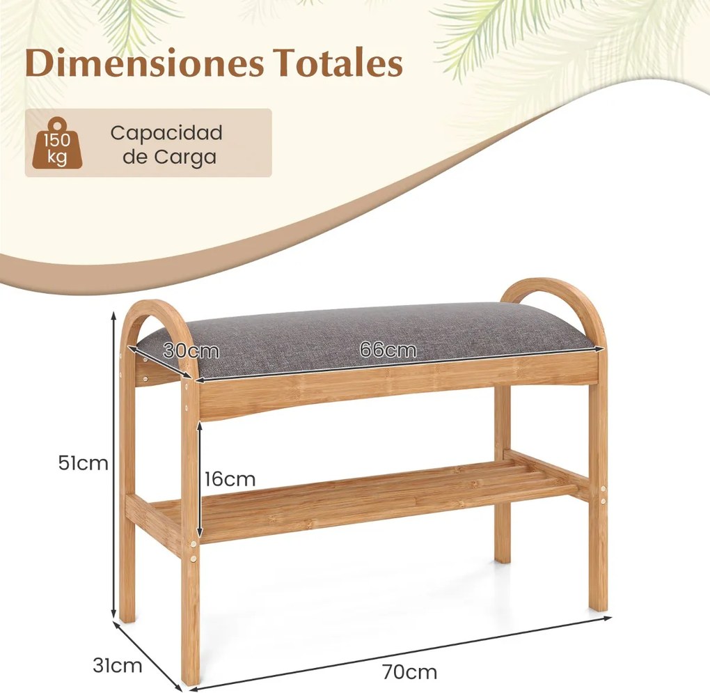 Banco para sapatos em bambu 70 x 31 x 51 cm com 2 níveis com almofada acolchoada e prateleira – ideal para a entrada, corredor, sala de estar e quarto