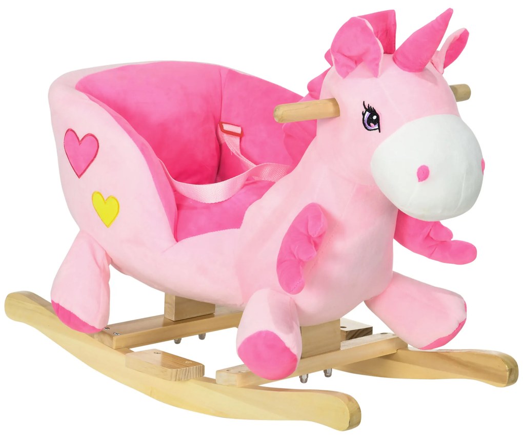 HOMCOM Cavalo Baloiço para Bebés Baloiço em Forma de Unicornio com Música Cinto de Segurança e Apoio para os Pés 65x35x45 cm Rosa | Aosom Portugal