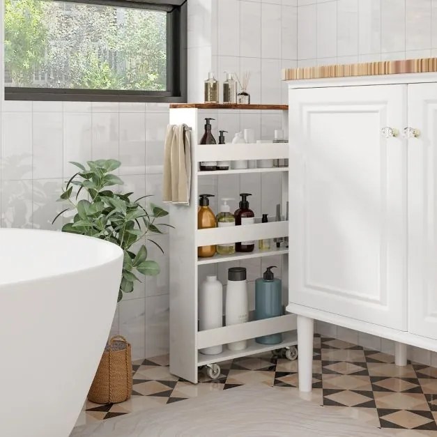 Carrinho de armazenamento estreito para cozinha ou casa de Banho 48 x 13 x 81 cm com 4 prateleiras e rodas Branco