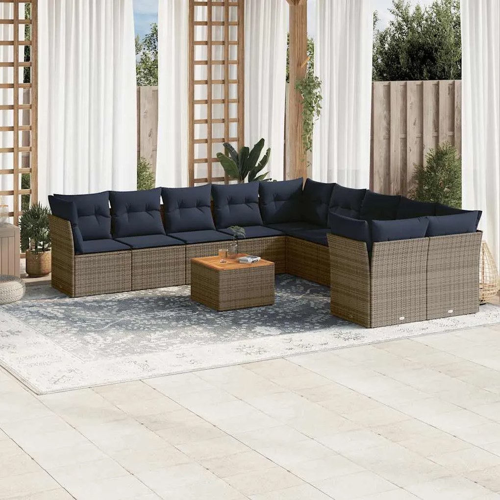 11 pcs conjunto sofás de jardim c/ almofadões vime PE cinzento