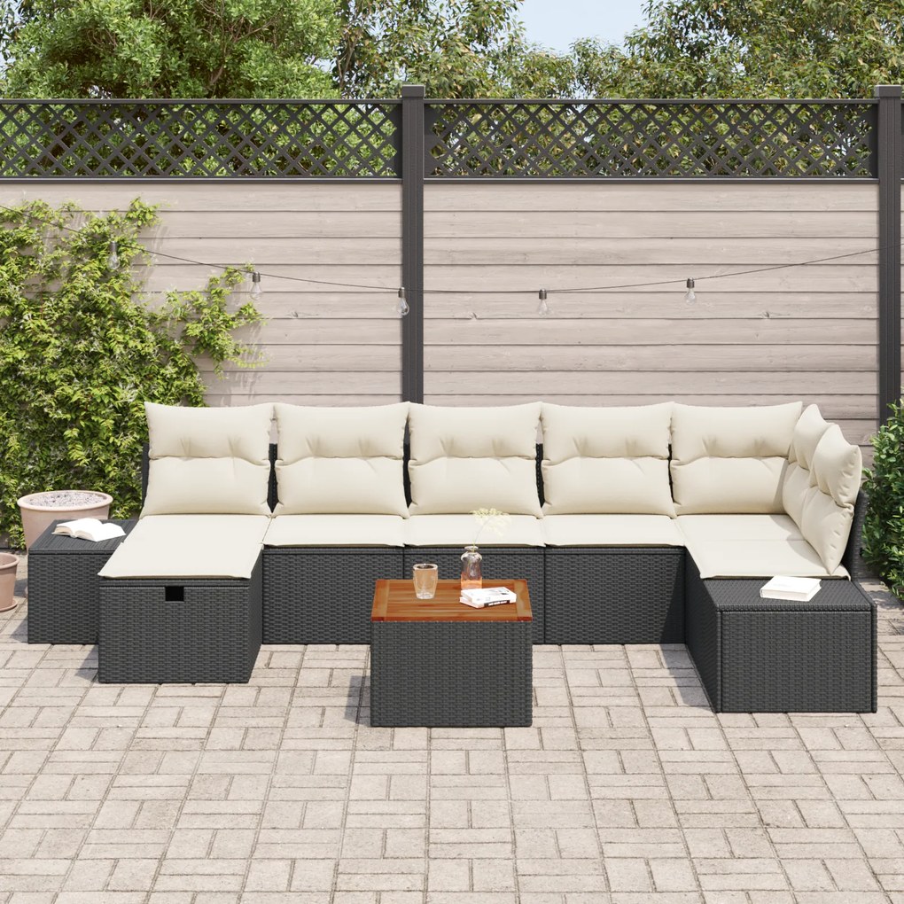 Conjunto de Sofá de 8 Peças com Almofadas Black Rattan Poliéster