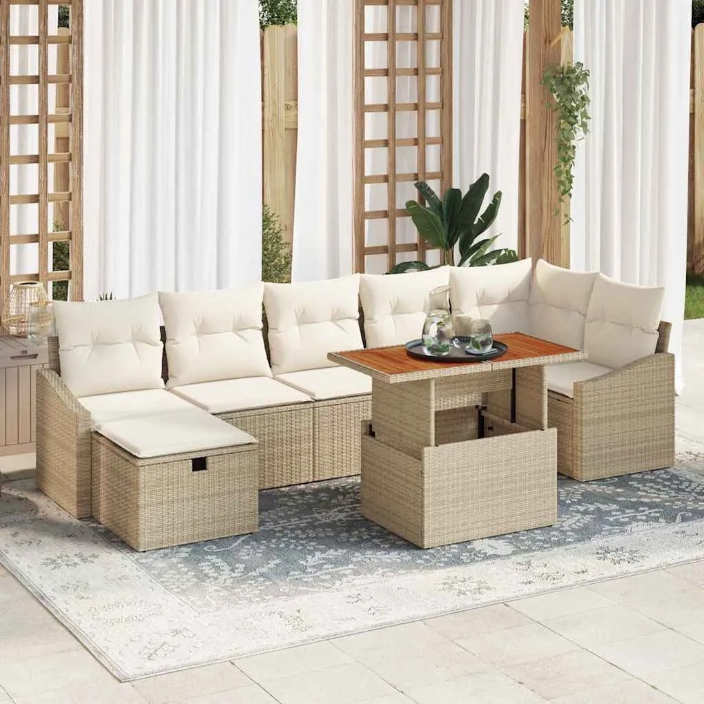 vidaXL Conjunto de sofá de jardim com 8 peças e almofadas bege em rattan sintético