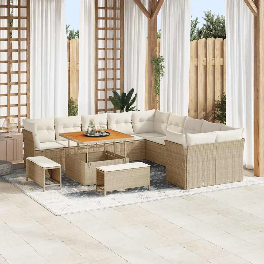 Conjunto de Sofá de Jardim de 13 Peças com Almofadas Bege Vime Sintético Acácia