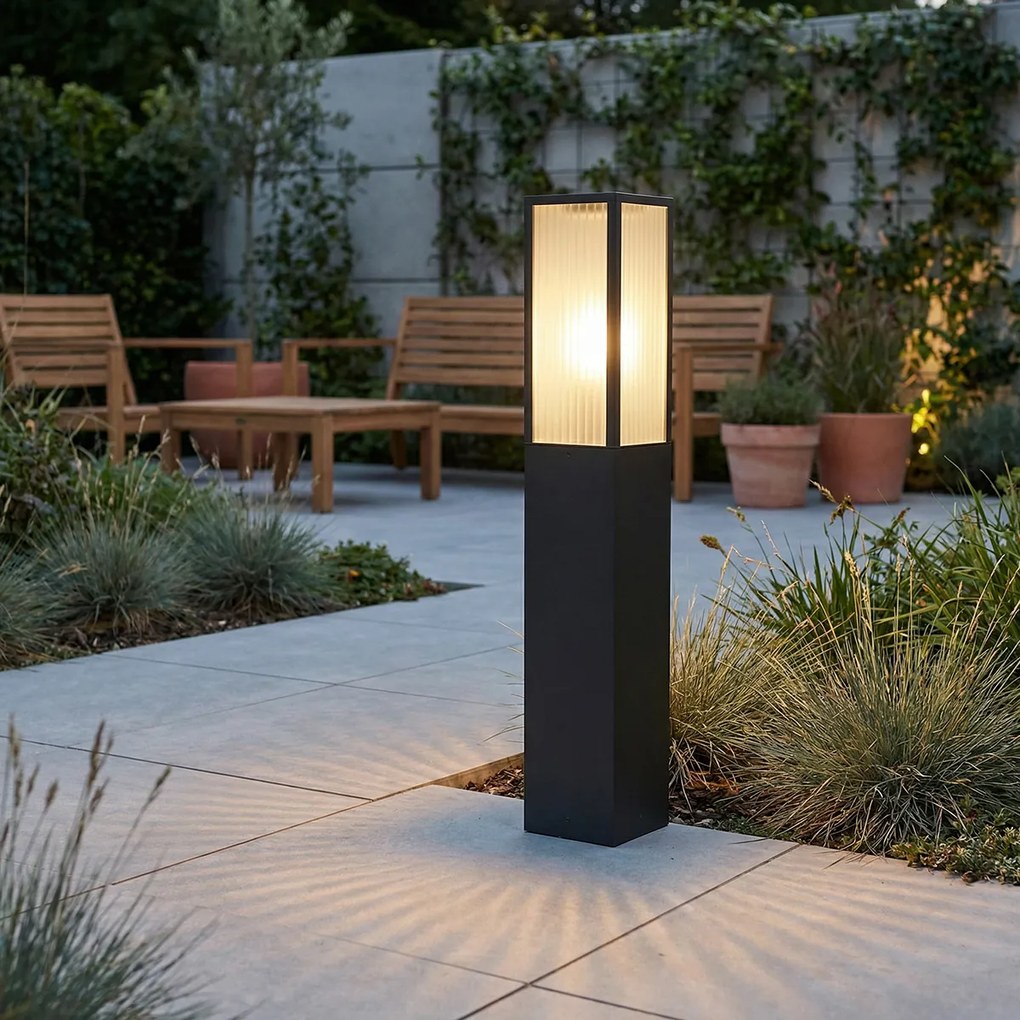 Candeeiro de pé exterior preto com vidro canelado 80 cm IP44 - Charlois