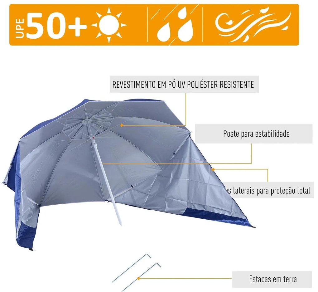 Chapéu de Sol de Praia com Painéis Laterais Tipo Tenda Chapéu de Sol para Praia com Proteção UV50 Φ210x222cm Azul