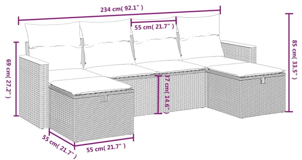 6 pcs conjunto de sofás p/ jardim com almofadões vime PE bege